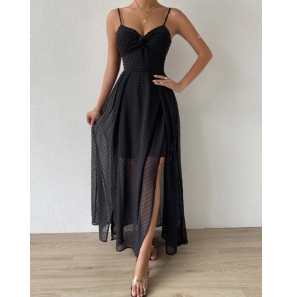 Luxe Swiss dot front tie backless wrap cami maxi dress - Picture 2 of 16